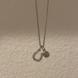 Silver Horseshoe Pendant Necklace with Pink Sparkling Charm